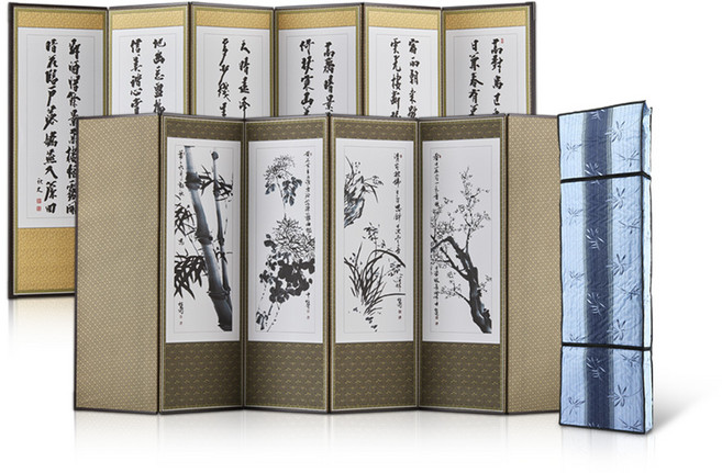 남원목기공예사 이중배접 미니멀 추사 사군자 6폭 병풍+3중 누빔커버, 1개