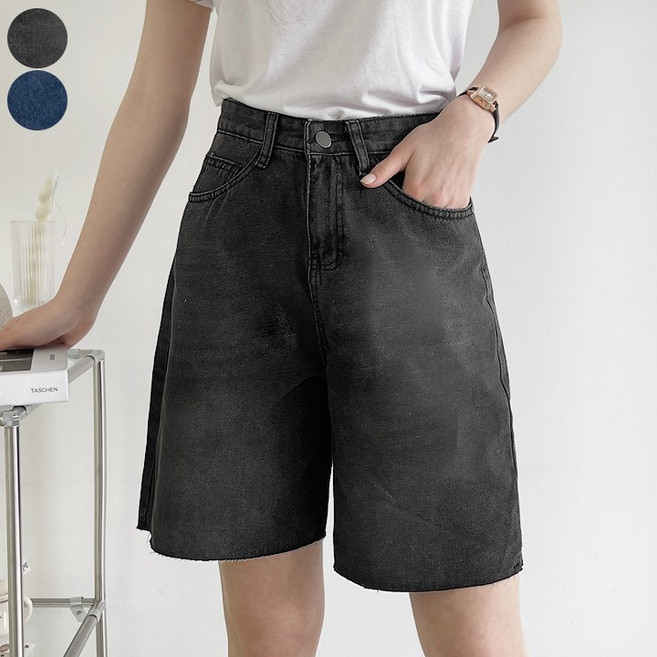 바비팩토리 여성용 A라인 데님 워싱 밑단 컷팅 청반바지 4부 팬츠 반바지