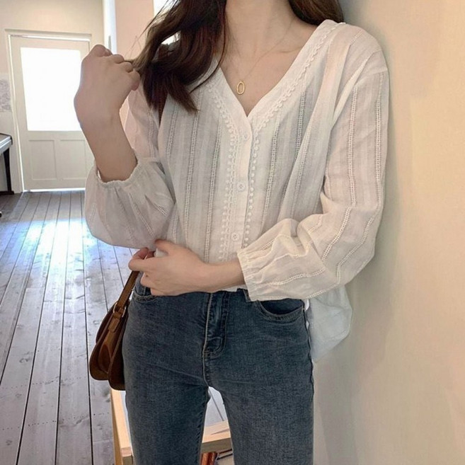 차이나넥 단정한 여름 여자 셔츠 블라우스 자수