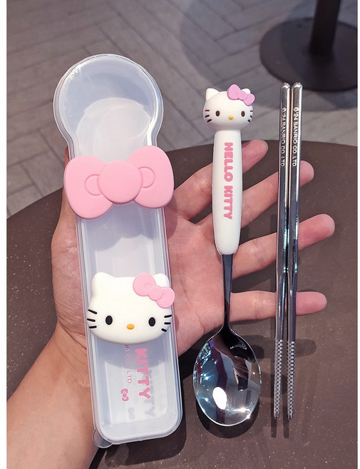 다나에 산리오 헬로키티 입체 휴대용 스텐 젓가락 숟가락 식기 세트+Integrated International Trade Co. Ltd 머리핀, 1세트, 젓가락+숟가락+케이스 세트, 화이트