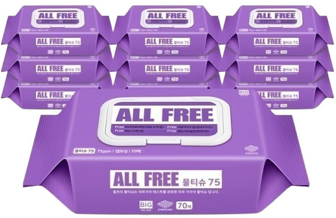 올프리 물티슈75 대용량 (70매) 캡형 10팩 저자극, 70매, 10박스