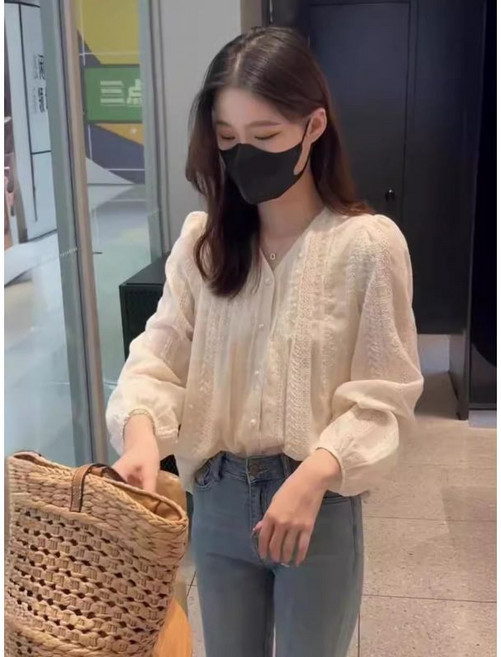 蕾絲長袖白襯衫 女款 法式休閒襯衣
