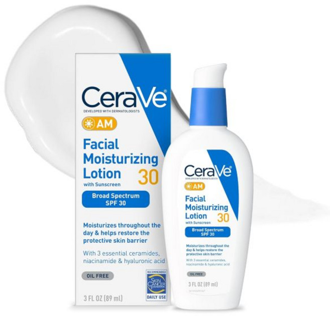 CeraVe 세라비 AM 페이셜 모이스처라이징 로션 SPF 30 오일 프리 페이스 모이스처라이저 (SPF 함유) 히알루론산 나이아신아마이드 세라마이드 함유 논코메도제닉 광범위, 1, 89ml