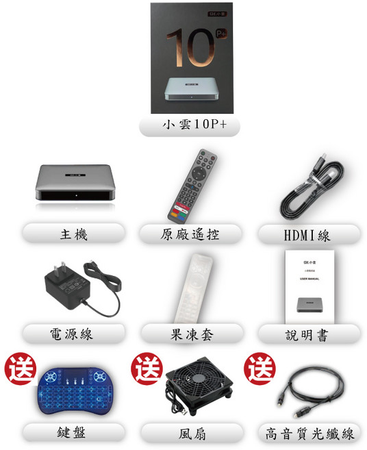 小雲電視盒 SVI10P 標準配備組 含原廠語音遙控、4K HDMI線、無線滑鼠等豐富配件 鍵盤 風扇 光纖線, SVI10P+鍵盤+風扇+光纖線