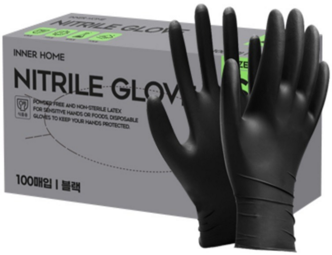 이너홈 니트릴장갑 라텍스장갑 주방요리장갑 100매 흰색 검정, 블랙, 중(M), 1개