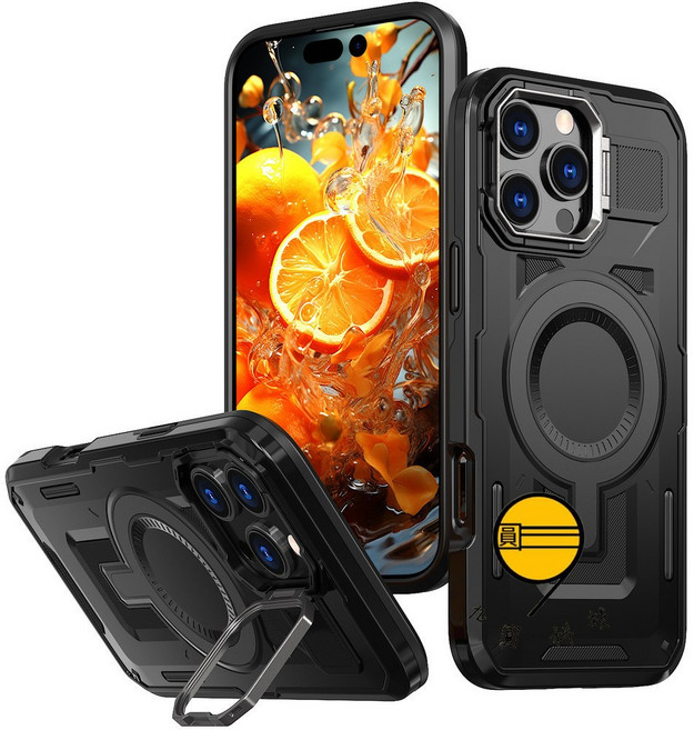 軍工加厚防摔手機殼 磁吸支架, 黑色-鏤空鏡頭支架,iPhone14/13, 1個