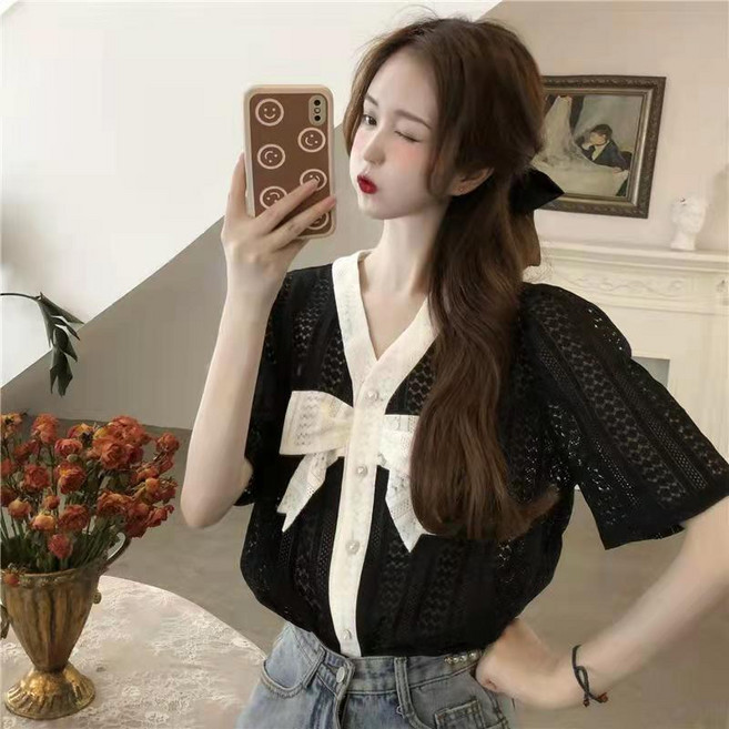 프렌치 여자 반팔 트위드 자켓 캐주얼 브이넥 반팔 블라우스 빅사이즈 여름 여성 상의 YJW