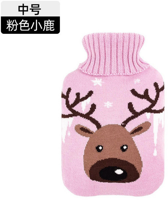 橡膠注水熱水袋 加厚防爆 大號暖手暖肚子 附絨布套, 中號粉色小鹿針織套