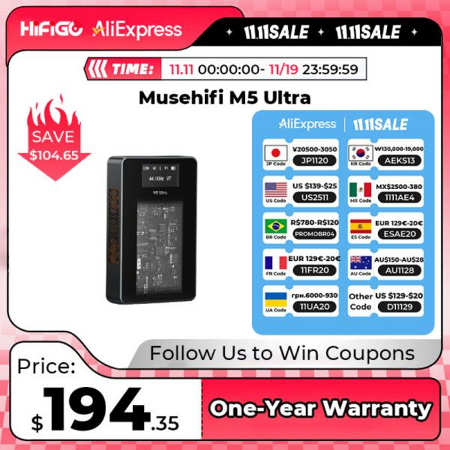 Musehifi M5 울트라 고해상도 휴대호환 블루투스 USB DAC 및 AMP ES9038Q2M 칩셋 관 디스플레이 화면 헤드