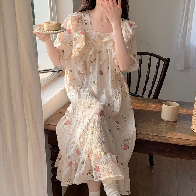 MHJINA 여름 편하고 쉬원한 시어서커 홈웨어 롱 원피스 잠옷 반팔 파자마