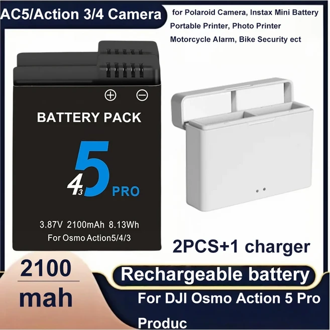 DJI 오즈모 액션 5 프로 카메라 배터리용 2100mAh 3 4 액세서리용 2 슬롯 고속 충전기, 02 2PCS 1 charger