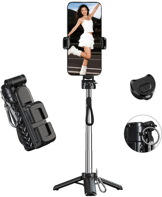 USKEYVISION 블루투스 셀카봉 삼각대 45cm 확장 접이식 미니 11cm 초소형 원격리모컨 아이폰 안드로이드 호환, 1개, 검은색, T10