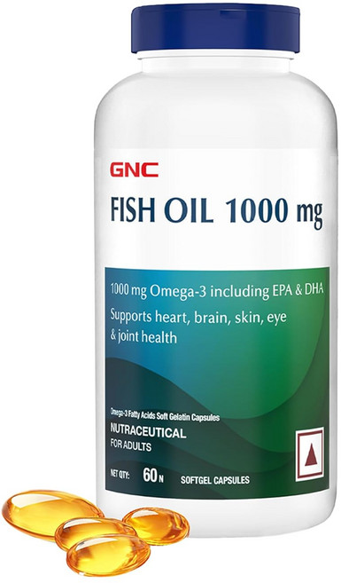 GNC 피쉬오일 1000mg 오메가-3 (180mg EPA & 120mg DHA 함유) | 소프트젤 | 심장 뇌 관절 및 시력 보호 | 초순수 장용 코팅으로 비린내 없, 1개입, 2개