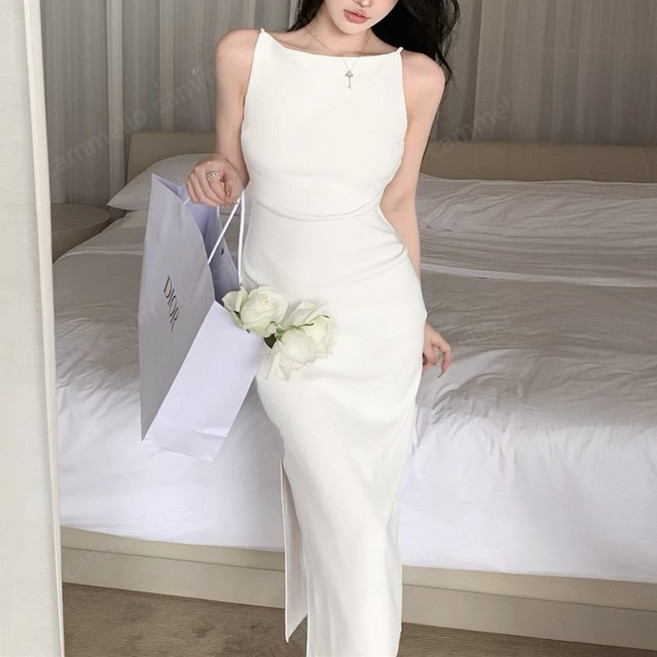 cammello 사이드 슬릿 민소매 슬림핏 미디원피스 셀프웨딩 하객룩 여신 드레스