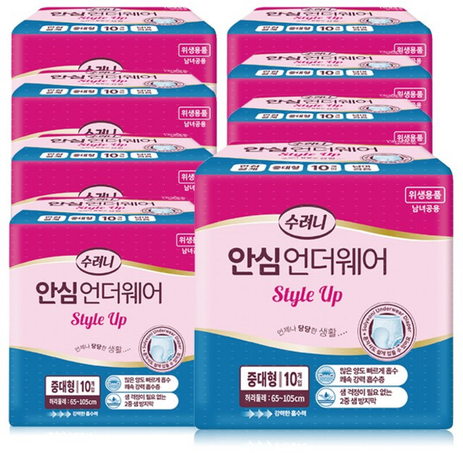 수려니 안심 언더웨어 중대형(80장) 속옷형 팬티형 요실금 기저귀, 중대형, 10개