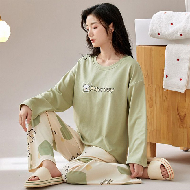 BAJAOEY (바자오이) 여성 잠옷 상하의 세트 면 긴팔 귀여운 캐릭터 파자마 홈웨어
