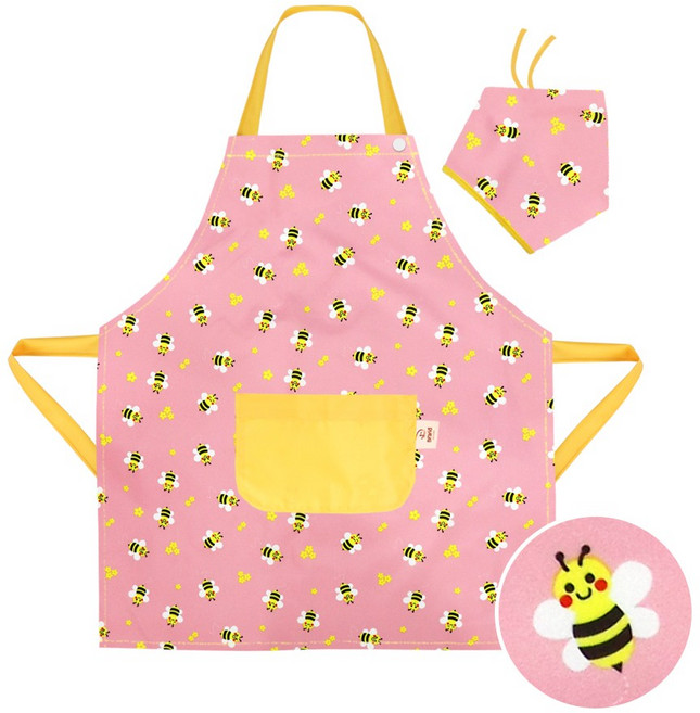 더해피 꿀벌 핑크 아동 버튼형 앞치마+두건