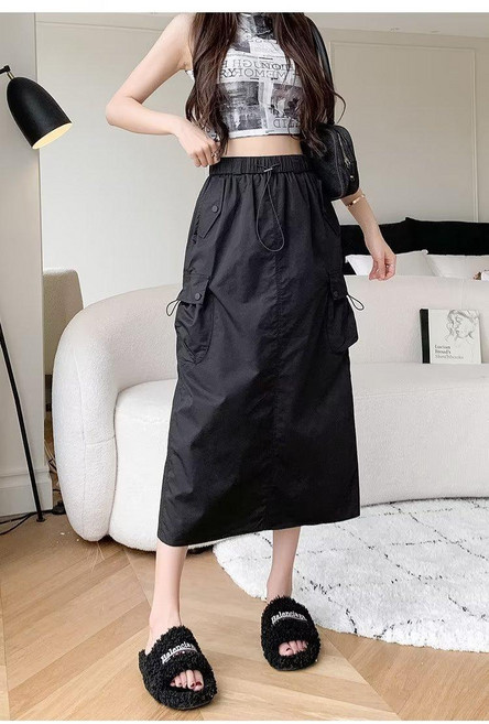 DFMEI 復古鬆緊腰抽繩工裝裙女休閒百搭A字中長款開叉半身裙子女裝