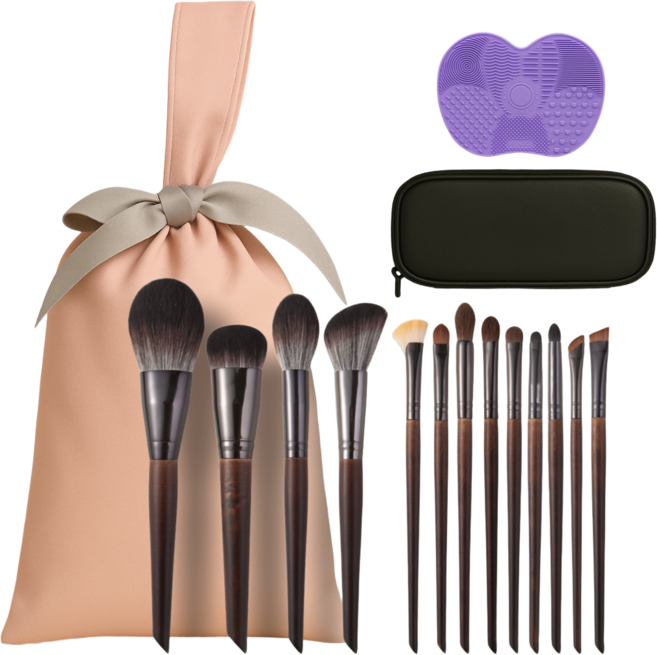 {당일배송} 차차앤코 프리미엄13종 우드 메이크업 브러쉬세트( 브러쉬파우치+실리콘세척패드), 1개, 브러쉬세트