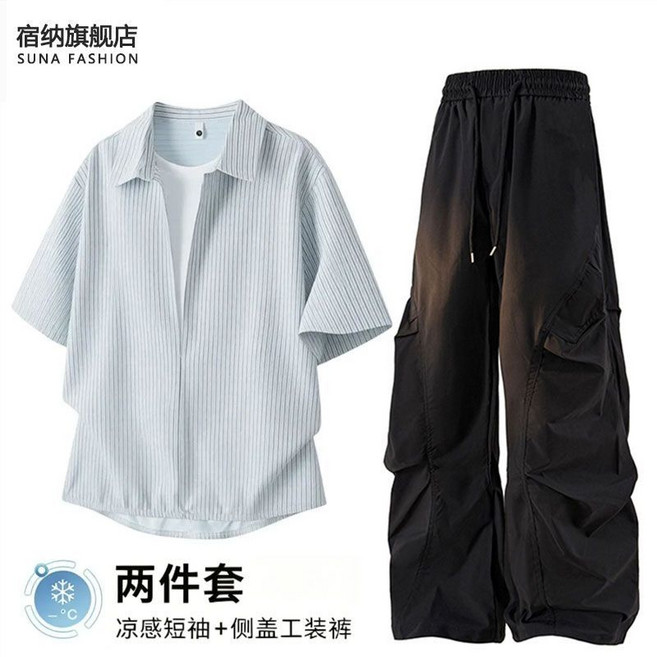 SUNA FASHION 涼感條紋假兩件短袖襯衫套裝搭配工裝褲 男裝 夏季, 1個, 【2件】短襯藍+側蓋褲黑色M 【建議95-110斤】