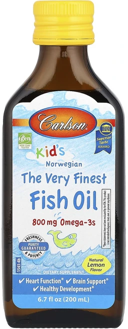 Carlson 어린이용 노르웨이산 피쉬 오일 천연 레몬 맛 800mg 200ml(6.7fl oz) - 쿠팡