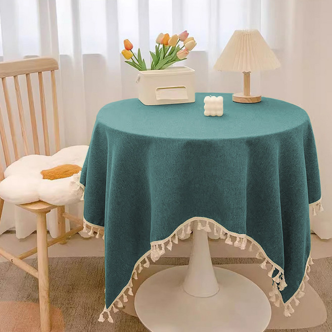 日式風棉麻流蘇桌布防水茶几圓餐桌布背景防油檯布防水防油, 1個, 圓桌布直徑1M, 孔雀藍-防水防油覆膜