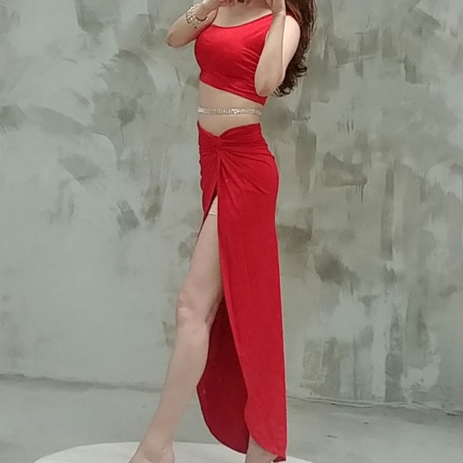네온 성인 밸리댄스복 벨리 치마 세트 라인 라틴 공연복, 레드