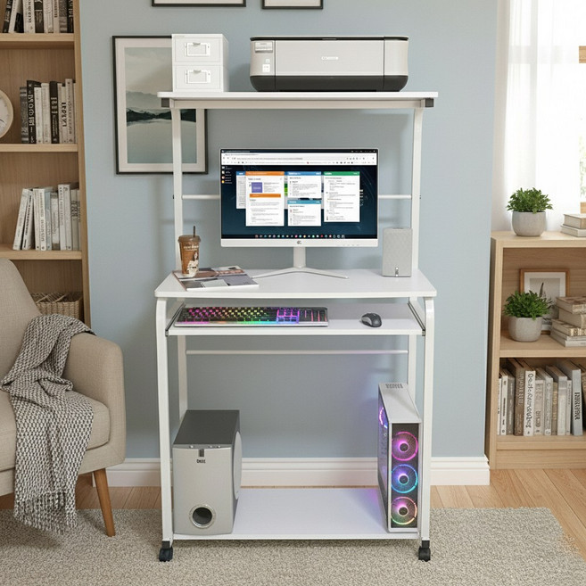 1인용 컴퓨터 책상 800 2단 철제선반 좁은공간활용 이동식 데스크, 화이트