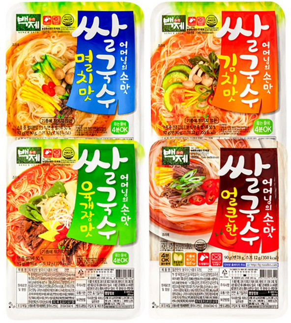 백제쌀국수 멸치맛 4개+김치맛 4개+육개장맛 4개+얼큰한맛 4개_총16개, 92g, 16개