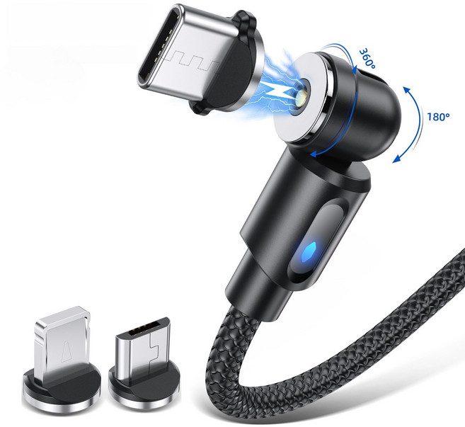 3in1 고속 충전 케이블 540도 회전 마그네틱 충전 케이블 LED 라이트 효과, 1개, 블랙-Black, 2m