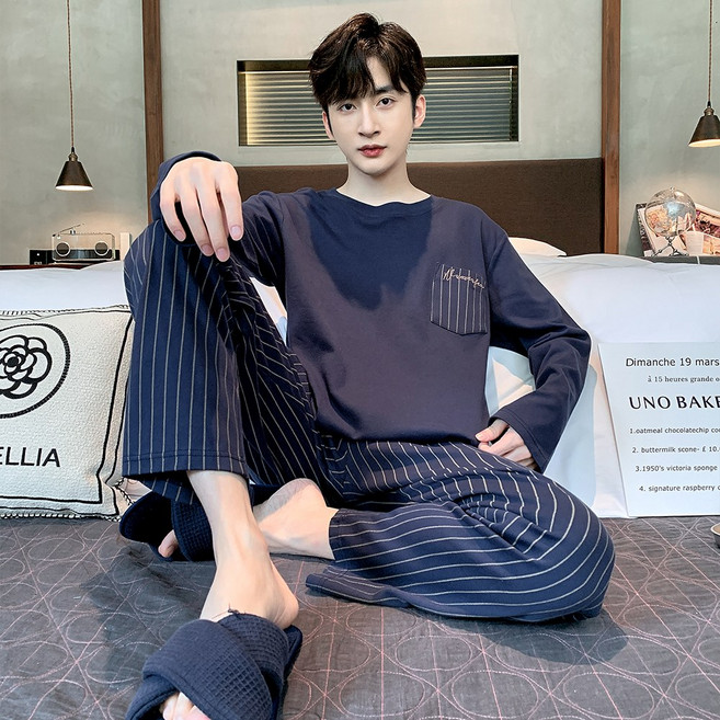 BAJAOEY (바자오이)남성 봄 가을 면 긴팔 잠옷 세트 데일리 스트라이프 체크 홈웨어 파자마 상하의 세트
