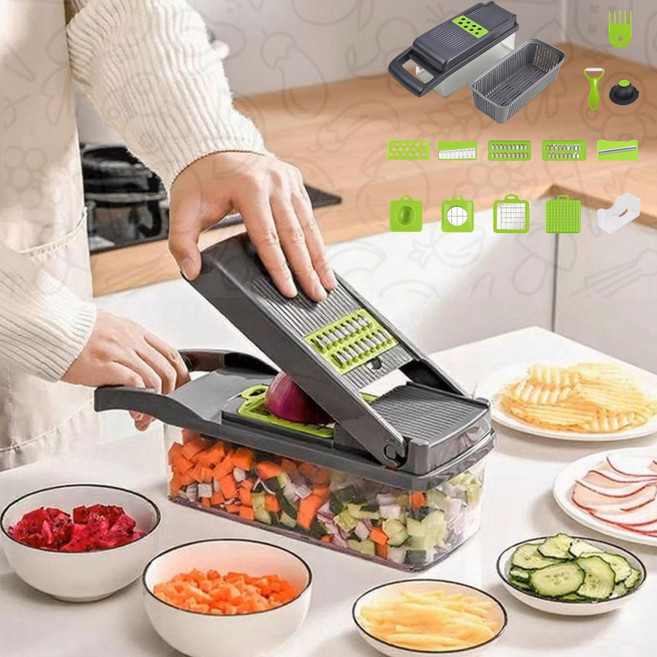 진볼리 16종 다기능 채칼세트 감자 깍둑썰기 당근 양파 양배추 채썰기 주방 필수템, 1세트, 토트 그레이 그린