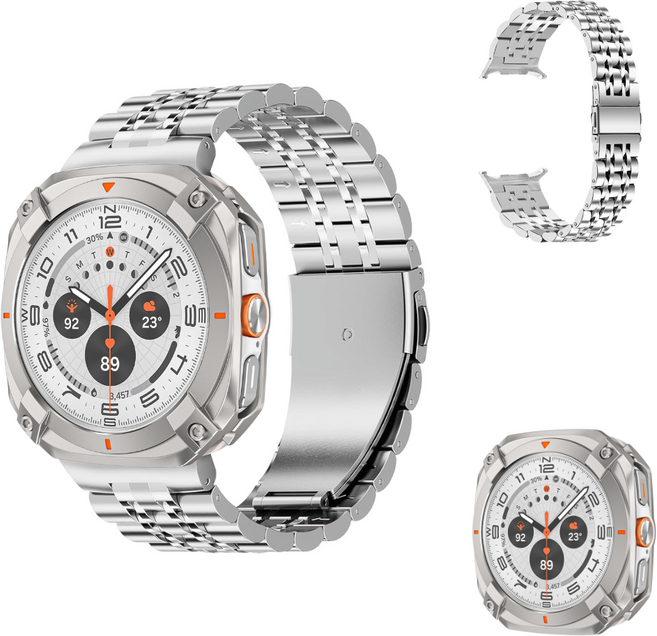 갤럭시워치 7/8 울트라 클래식 메탈 밴드 스트랩 하드 케이스 2p 세트 + 시계줄 조절기, 02실버