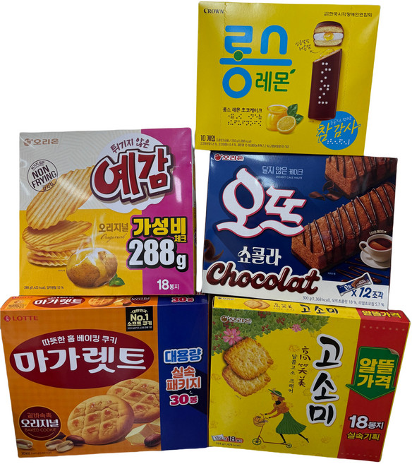 (장우)사무실 과자실속 세트(롱스레몬250g +오뜨쇼콜라300g+예감오리지널288g+마가렛트660g+고소미324g), 1개, 5종