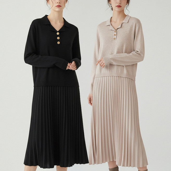 니트코어 여성 루즈핏 여유 쫀쫀 카라 셔츠 플리츠 주름 긴팔 니트 롱원피스 임산부원피스 임부복 등하원룩 하객룩 하객원피스