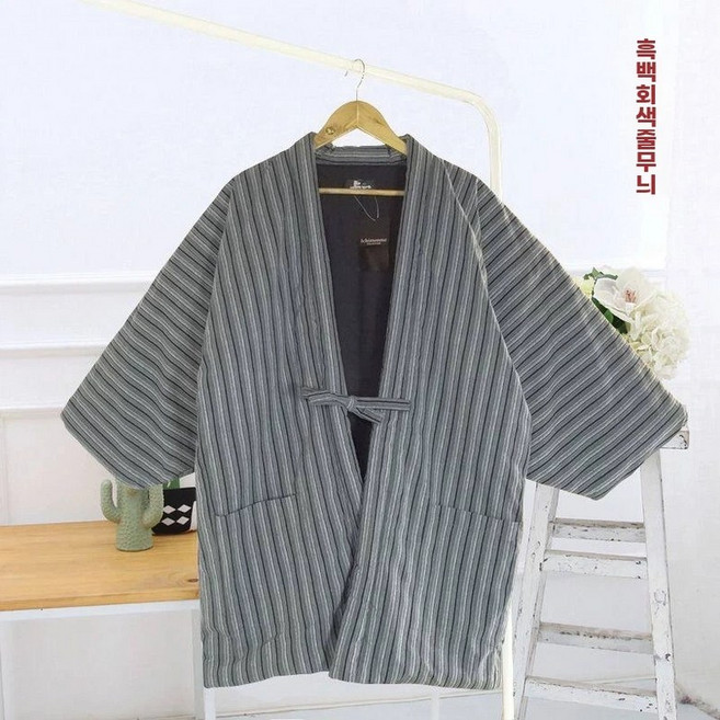 라벨리아 팡쿠 잠옷 유카타 방한복 회색 밝은 기모노 전통 L 가운, S. 검정 흰색 회색 줄무늬