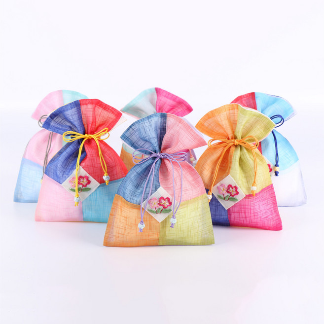 모시 4색 꽃자수 복주머니 선물 답례품 포장 주머니, 랜덤발송, 100개