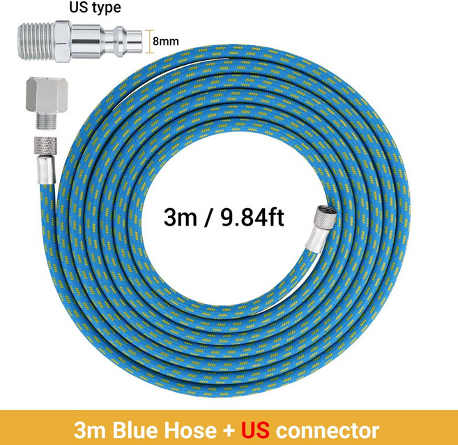 3 미터/10 피트 나일론 브레이드 에어 브러시 호스 표준 1/8 "" - 1/4 펌프 압축 액세서리 용 EU 어댑터, 6)3M Blue Hose US