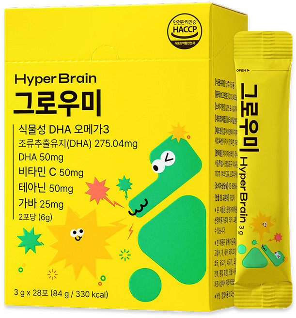 [공식몰] 하이퍼브레인 그로우미 팝핑 분말 키즈 오메가3 테아닌 가바 비타민, 1박스, 84g