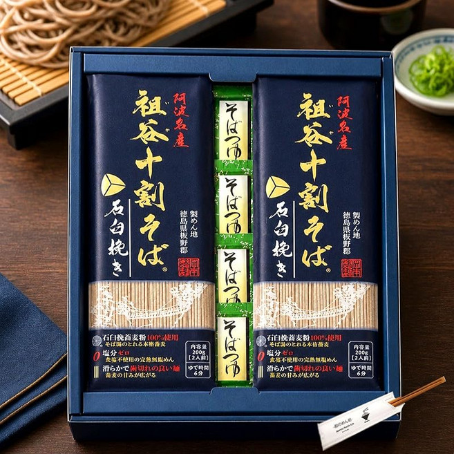 오카모토 십할 메밀국수 4인분 세트 무염 건면 선물용 쯔유 젓가락 포함