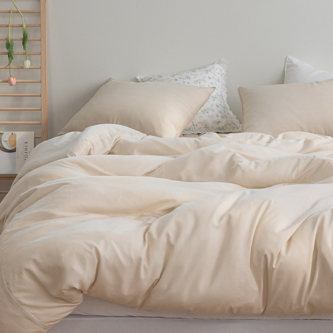 먼지없는 순수 모달 100% 항균 호텔식 모달 홑겹 이불커버 침구 세트, 순수모달 베이지, 이불커버 Q1개 패드LK1개 베개커버2개