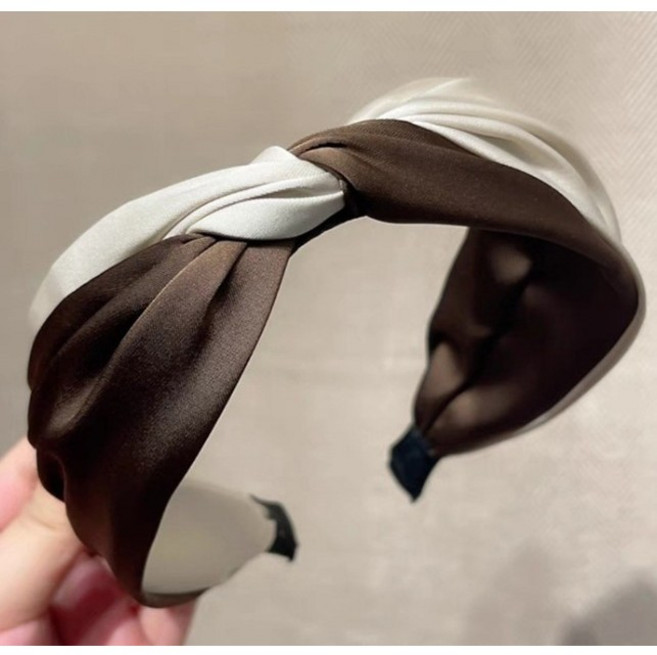 BEAGLE 緞面寬邊交叉髮箍 雙拼設計, 1個, 深咖啡色-1個, 深咖啡色