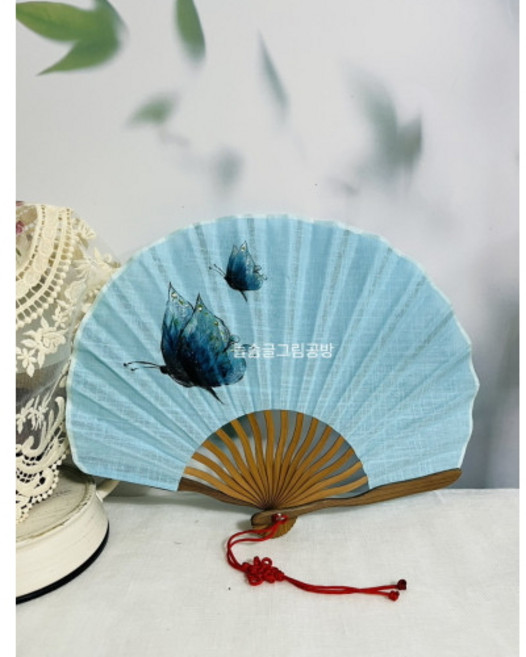 패브릭 부채 나비 부채 꽃부채 천부채 손그림부채 캘리그라피부채 부채선물, 블루나비, 그림만, 1개