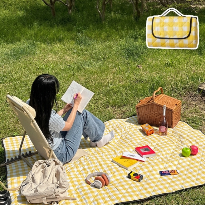 ANYOU 도톰한 방수 피크닉 매트 야외 휴대용 접이식 방습 매트 피크닉 패브릭 캠핑장 매트, 황백체크