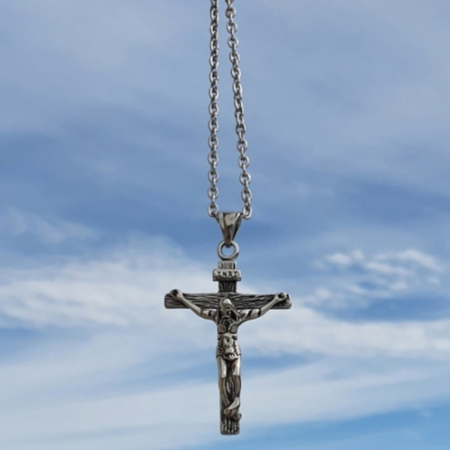 천주교 종교 네크리스 남성 써지컬 55cm 1개 스틸 크로스 펜던트 실버