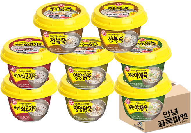 [안녕골목마켓] 오뚜기 3분 즉석죽 4종_전복죽2개+새송이쇠고기죽2개+계란야채죽2개+영양닭죽2개, 1세트