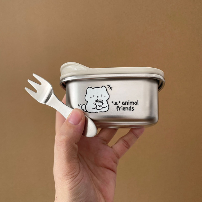 애니멀 스텐 전자레인지 미니 도시락 반찬통 밀폐용기 샐러드 미니도시락 건강도시락 다이어트도시락 점심도시락 간편도시락, 1개, 원색 300ml-고양이 아이스크림 포크