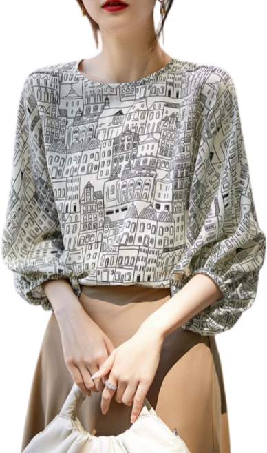 Makone 여성 라운드넥 칠부 소매 블라우스 캐주얼 루즈핏 프린트 체형커버 가오리핏 풀오버