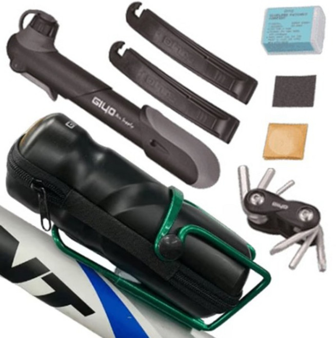 지요 자전거정비 휴대용 펑크수리키트 공구통세트 (통+펌프+레버+패치+폴딩툴), 1개