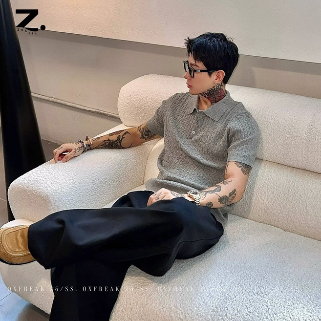 Zoovit 남성 칼라 반팔 니트 케이블 통기 티셔츠